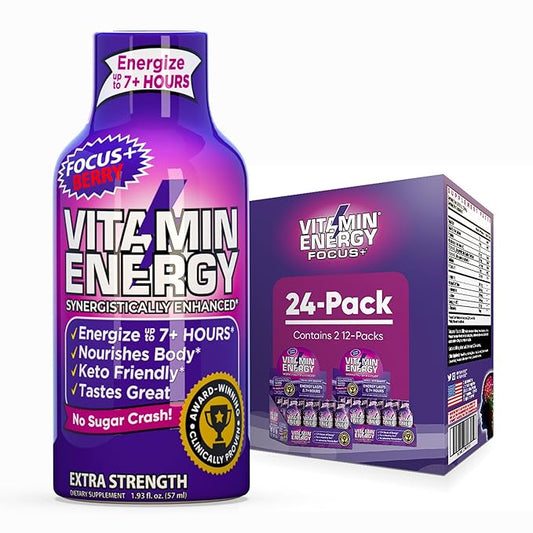 Vitamin Energy Focus+ Extra Strength Daily Energy Shot – Berry – 260mg Natural Caffeine, 100% DV B-Vitamins – Focus & Productivity Support – Zero Sugar, Vegan, Kosher – 1.93 fl oz, 24-Pack