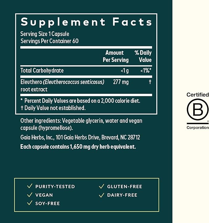 Gaia Herbs Eleuthero Root - Energy, Stamina & Mental Endurance Support - Eleuthero Root (Siberian Ginseng) Adaptogen Herbal Supplement - 60 Vegan Liquid Phyto-Capsules (30-Day Supply)