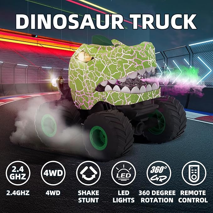 Dinosaur Remote Control Car,RC Monster Trucks for Boys 3-12 Year Old,360° Rotating RC Stunt Car Truck Toys with Spray,Light & Sound,All Terrain RC Cars Birthday Party Gift for Kids (Green)