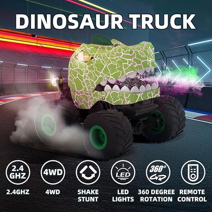 Dinosaur Remote Control Car,RC Monster Trucks for Boys 3-12 Year Old,360° Rotating RC Stunt Car Truck Toys with Spray,Light & Sound,All Terrain RC Cars Birthday Party Gift for Kids (Green)