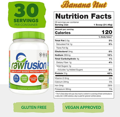 Rawfusion- Vegan Protein Powder, Banana Nut - 30 Servings, 21g of Plant Based Protein, Low Net Carbs, Non-Dairy, Gluten/ Lactose Free, Soy Free, Kosher, Non-GMO, 2lb Pound