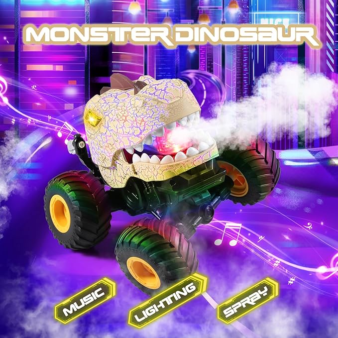 DYODYORC Remote Control Car, 2.4Ghz All Terrain Dinosaur Monster Truck Toys, RC Truck with Spay, Music, 3 Lighting Effects, Stunt Capable, Toy Gifts for Boys and Girls (Yellow)
