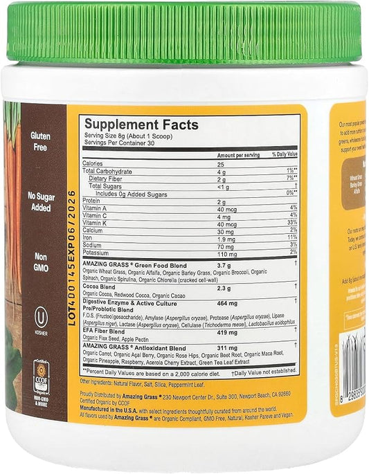 Amazing Grass Greens Superfood Powder: Greens Powder with Digestive Enzymes & Probiotics, Organic Spirulina, Chlorella, and Beet Root Powder, Chocolate, 30 Servings