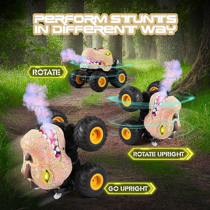 DYODYORC Remote Control Car, 2.4Ghz All Terrain Dinosaur Monster Truck Toys, RC Truck with Spay, Music, 3 Lighting Effects, Stunt Capable, Toy Gifts for Boys and Girls (Yellow)