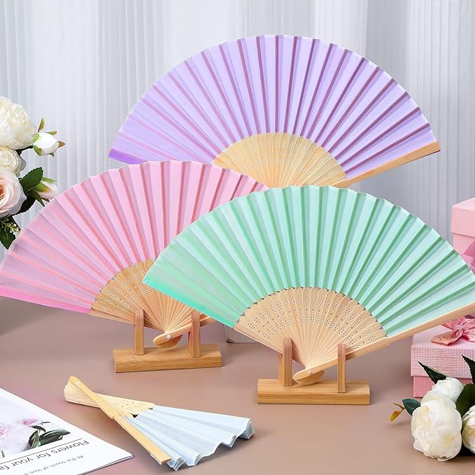 Blulu 40 Pcs Folding Hand Fans for Line Dancing Bulk Silk Bamboo Popping Clapping Fans for Line Dancing Boots On The Ground for Women Foldable Summer Beach Wedding Gifts (Macaroon Color)