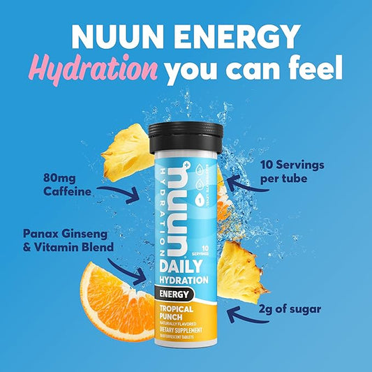 Nuun Energy Electrolyte Tablets with Ginseng, Caffeine from Green Tea Extract, Vitamin B12, B6, B5, Magnesium & 4 Other Electrolytes, Gluten Free & Vegan, Tropical Punch, 8 Pack (80 Servings Total)
