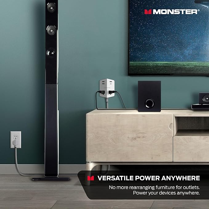 Monster Power Shield: Magnetic Wall Outlet Extender, Multiple Plug Outlet with 2 AC Outlets, 3 USB-A Ports, & 1 USB-C Port (20W)