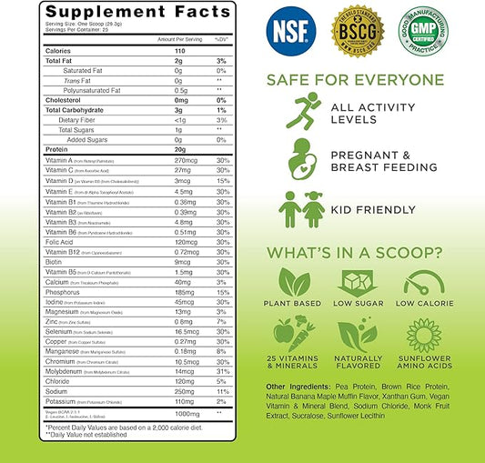 TRU Plant Based Protein Powder, BCAA, EAA, 20g Vegan Protein, 100 Calories, 27 Vitamins, No Artificial Flavors 25 Servings (Banana Maple Muffin)