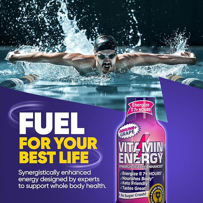 Vitamin Energy Immune+ Extra Strength Daily Energy Shot – Grape – 260mg Natural Caffeine, B-Vitamins, Green Tea, Citicoline – Immune & Focus Support – Zero Sugar, Vegan – 1.93 fl oz, 12-Pack