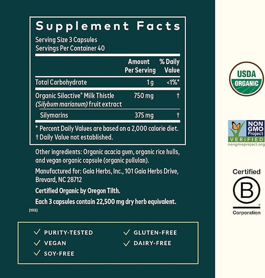 Gaia Herbs Milk Thistle - Liver Supplement & Cleanse Support for Maintaining Healthy Liver Function* - 120 Vegan Capsules (40-Day Supply)