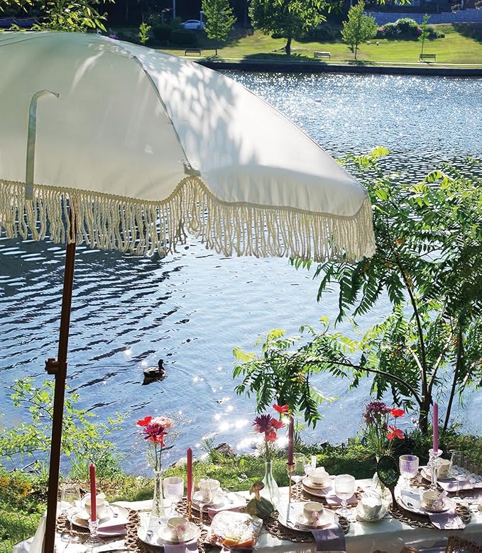 AMMSUN 7ft Patio Umbrella with Fringe Outdoor Tassel Umbrella UPF50+ Premium Steel Pole and Ribs Push Button Tilt, White Cream