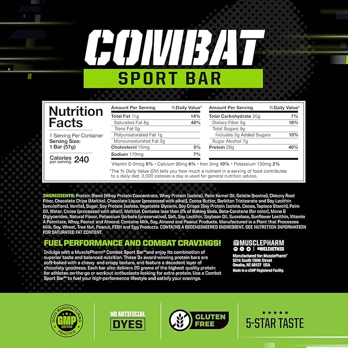 MusclePharm Combat Sport Bar, Chocolate Chip Cookie Dough, High Protein Bars, Combat Cravings, Fuel Performance & Meet Energy Demands, 20g Protein from Whey Protein, 5g Fiber, Gluten Free, 12 Bars