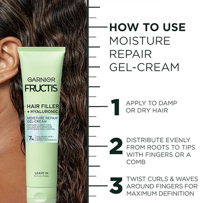 Garnier Fructis Hair Filler Moisture Repair Gel-Cream, Hair Gel for Curls and Waves with Hyaluronic Acid, 5.1 Fl Oz, 1 Count