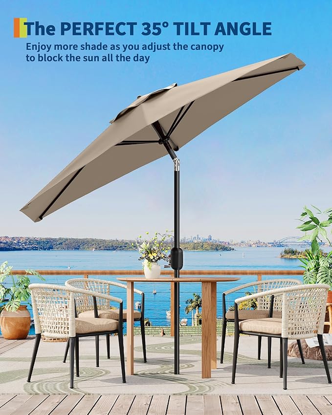 7.5FT Patio Umbrella Outdoor, Market Umbrella, Table Umbrella with Push Button Tilt and Crank, 6 Sturdy Ribs UV Protection Waterproof for Garden, Pool, Deck, Backyard (Tan)