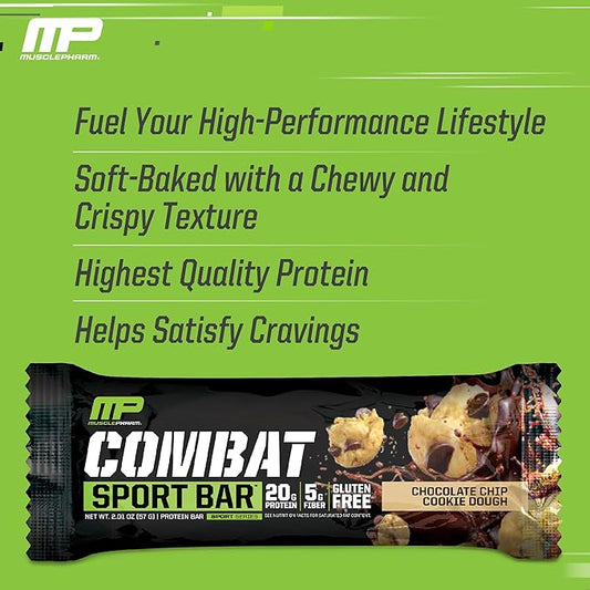MusclePharm Combat Sport Bar, Chocolate Chip Cookie Dough, High Protein Bars, Combat Cravings, Fuel Performance & Meet Energy Demands, 20g Protein from Whey Protein, 5g Fiber, Gluten Free, 12 Bars