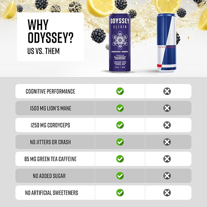 Odyssey Elixir Cognition + Sustainable Energy - Lion's Mane, Cordyceps, L Theanine, Ginseng & 85mg Green Tea Caffeine - 0 Added Sugar - No Jitters or Crash - Blackberry Lemonade - 12 Fl oz, 12 Pack