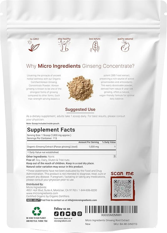 Micro Ingredients Maximum Strength Organic Korean Ginseng Root 200:1 Powder, 4 Ounce, Red Panax Ginseng Powder, Active Ginsenosides, Vegan Friendly