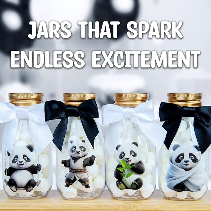 Small 12 Pack Panda Party Favors - DIY Candy Jars with Ribbons and Stickers - Party Decoration Bottles for Birthday, School Classroom, and Baby Shower - Panda Table Centerpieces for Kids