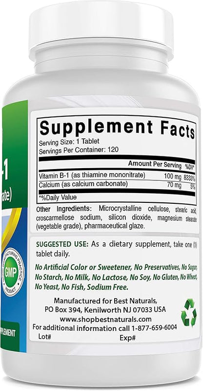 Best Naturals Vitamin B1 as Thiamine Mononitrate 100 mg 120 Tablets (120 Count (Pack of 2))