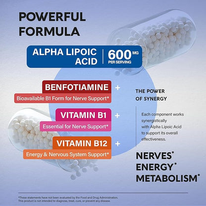 Alpha Lipoic Acid 600mg - ALA Supplement Antioxidant for Nerve, Energy & Metabolism Support - Extra Strength w/Benfotiamine, B1 & B12 - Lab Tested, NON-GMO & Vegan - 120 Capsules, 2 Month