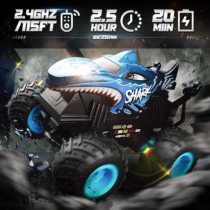 BEZGAR Monster Truck Toys - Remote Control Monster Truck with Light & Music, Dinosaur Toys for Kids, 1:20 Scale RC Truck with 360° Spins and Drifting, Remote Control Car for Boys Blue