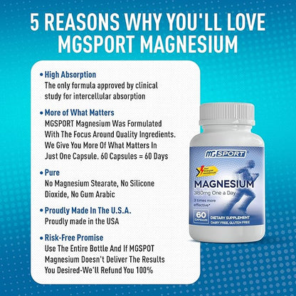 Magnesium Supplement Complex MGSPORT- High Absorption with Vitamins B6, D, E - Relieves Leg Cramps & Muscle Support - 60 Servings