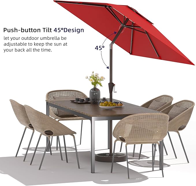 6.6x10ft Rectangular Patio Umbrella, 2 Tiers Outdoor Table Umbrellas with Push Button Tilt and Crank for Patio, Pool, Backyard, Deck, Picnic, Yard (Wine Red)