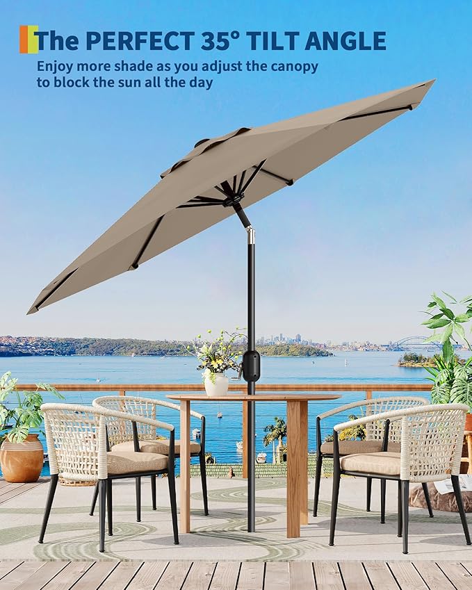 9FT Patio Umbrella Outdoor, Market Umbrella, Table Umbrella with Push Button Tilt and Crank, 8 Sturdy Ribs UV Protection Waterproof for Garden, Pool, Deck, Backyard (Tan)