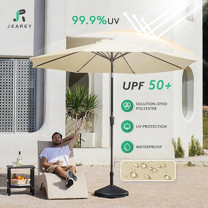 JEAREY 9FT Outdoor Patio Umbrella Outdoor Table Umbrella with Push Button Tilt and Crank, Market Umbrella 8 Sturdy Ribs UV Protection Waterproof for Garden, Deck, Backyard, Pool (Ochre)