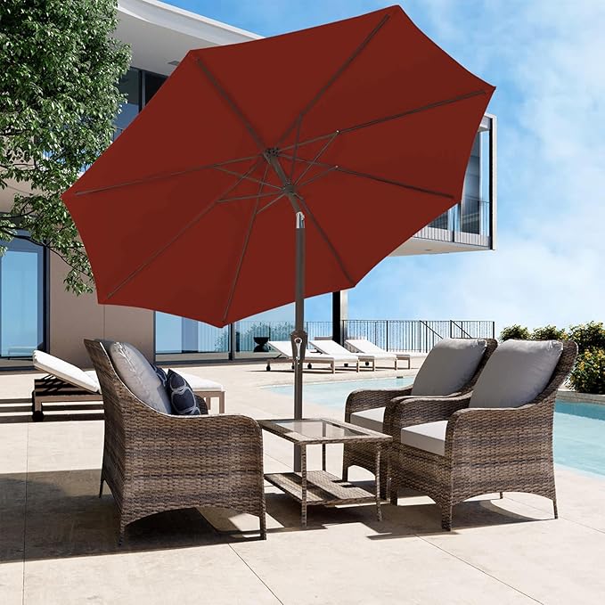 JEAREY 9FT Outdoor Patio Umbrella Outdoor Table Umbrella with Push Button Tilt and Crank, Market Umbrella 8 Sturdy Ribs UV Protection Waterproof for Garden, Deck, Backyard, Pool (Deep Red)
