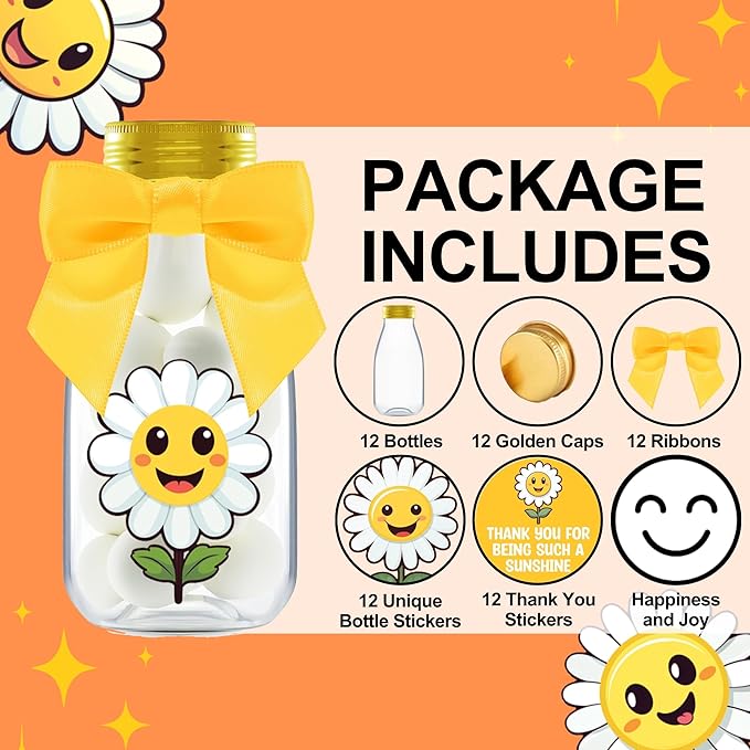 Small 12 Pack Daisy Party Favors - DIY Candy Jars with Ribbons and Stickers - Party Decoration Bottles for Birthday, School Classroom and Baby Shower - Flower Table Centerpiece Gifts for Kids
