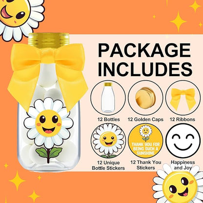 Small 12 Pack Daisy Party Favors - DIY Candy Jars with Ribbons and Stickers - Party Decoration Bottles for Birthday, School Classroom and Baby Shower - Flower Table Centerpiece Gifts for Kids