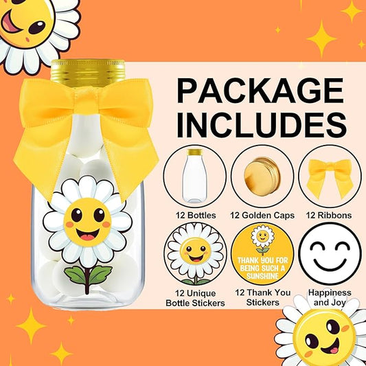 Small 12 Pack Daisy Party Favors - DIY Candy Jars with Ribbons and Stickers - Party Decoration Bottles for Birthday, School Classroom and Baby Shower - Flower Table Centerpiece Gifts for Kids