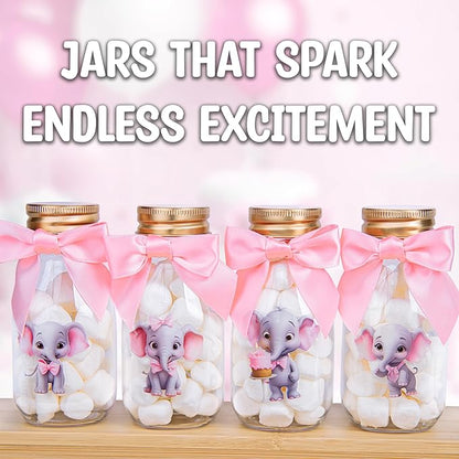 Small 12 Pack Pink Elephant Party Favors - Candy Jars with Ribbons and Stickers - DIY Party Decoration Bottles for Baby Shower, Birthday, Gender Reveal, and Classroom - Girl Table Centerpiece