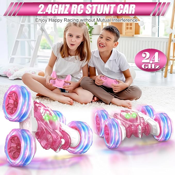 Pink Remote Control Car for Girls Rechargeable Fast Direct Charging RC Cars for Kids with Colorful Light,Double-Sided 360° Rotating RC Stunt Car 4WD RC Car Toys for Ages 5-7 Gift for Girls Aged 6-12