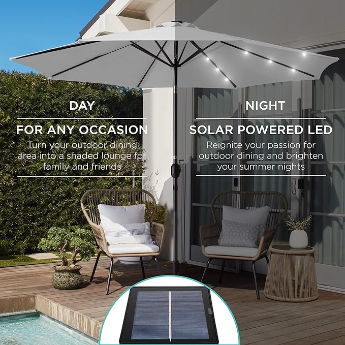 Best Choice Products 10ft Solar Polyester LED Lighted Patio Umbrella w/Tilt Adjustment and UV-Resistant Fabric - Fog Gray
