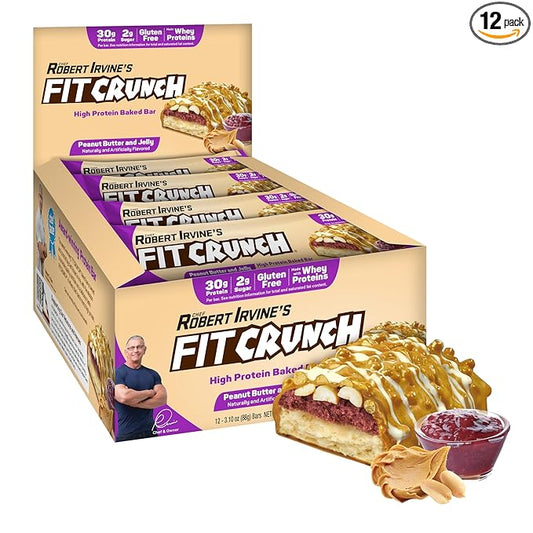 FITCRUNCH Full Size Protein Bars, 6-Layer Baked Bar, 2g of Sugar, Gluten Free & Soft Cake Core (12 Bars, Peanut Butter and Jelly)