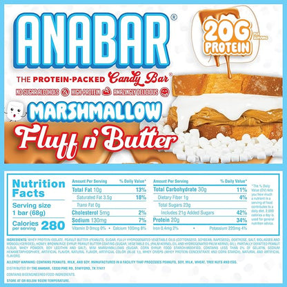 Anabar Protein Bar, The Protein-Packed Candy Bar, Amazing Tasting Protein Bar, No Sugar Alcohols, High Protein, Amazingly Delicious, 20 Grams of Protein (12 Bars, Marshmallow Peanut Butter)