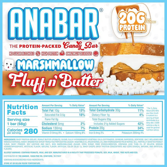 Anabar Protein Bar, The Protein-Packed Candy Bar, Amazing Tasting Protein Bar, No Sugar Alcohols, High Protein, Amazingly Delicious, 20 Grams of Protein (12 Bars, Marshmallow Peanut Butter)