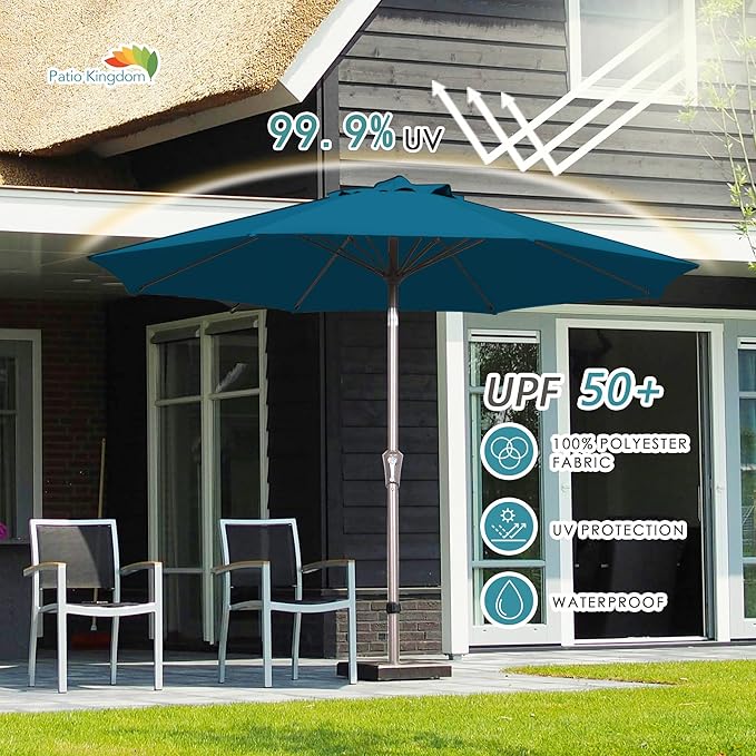 PatioKingdom 9FT Patio Outdoor Umbrella-UPF 50+ Sun Shade with Wind Vent, Push-Button Tilt & Smooth Crank Lift, Rust-Resistant Fiberglass Frame for Garden, Backyard,Yard