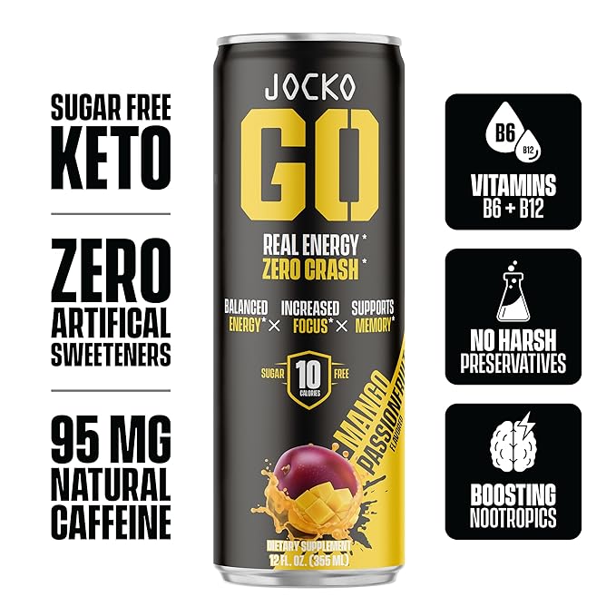 Jocko GO Energy Drink - KETO, Vitamin B12, Vitamin B6, Electrolytes, L Theanine, Magnesium- Energy Boost, Sugar Free Nootropic Monk Fruit Blend - 12 Pack (Mango Passionfruit)