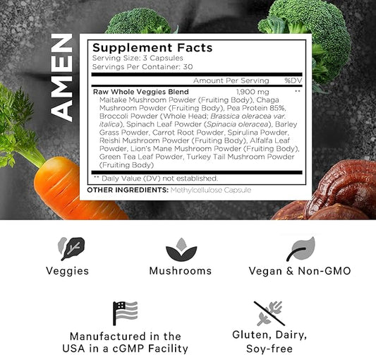 Amen Veggies, Daily Veggies Vitamins Supplement, Vegetables Vegan Blend & Whole-Food Raw Greens Multivitamin Capsules, Mushroom Complex, Superfood, Minerals, Green Vegetable Nutrients, Non-GMO, 90 ct
