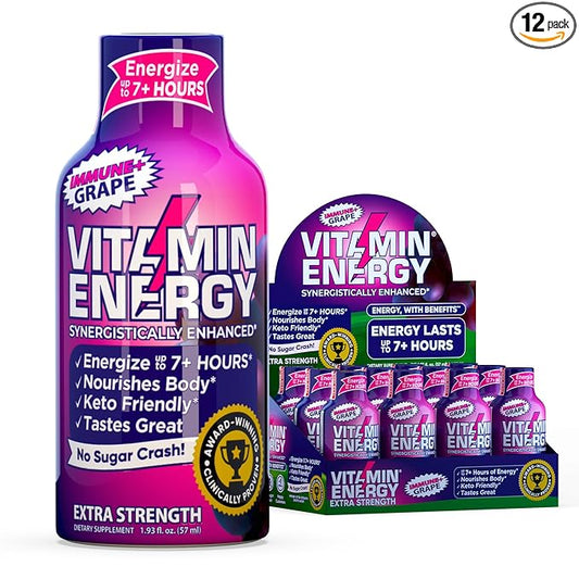 Vitamin Energy Immune+ Extra Strength Daily Energy Shot – Grape – 260mg Natural Caffeine, B-Vitamins, Green Tea, Citicoline – Immune & Focus Support – Zero Sugar, Vegan – 1.93 fl oz, 12-Pack