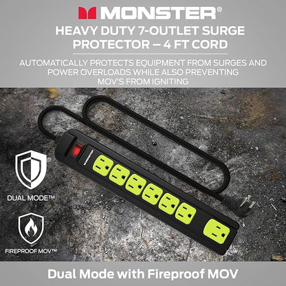 Monster Workshop Heavy-Duty Garage Power Strip Surge Protector - Mountable Heavy-Duty Wide-Spaced 7 Grounded AC Outlets with 4ft Angled Flat Plug - 1200 Joules - ETL Listed