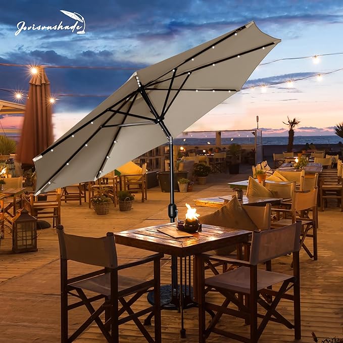 9FT LED Patio Umbrella, Solar Outdoor Umbrellas with LED Lights, Deck Umbrella with Push Button Tilt and Crank, UV Protection Waterproof for Pool, Porch, Garden, Deck, Backyard. (TAN)