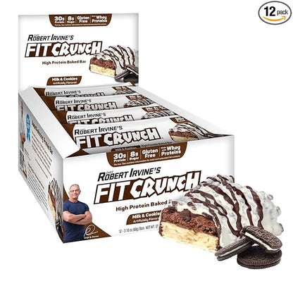 FITCRUNCH Full Size Protein Bars, 6-Layer Baked Bar, 8g of Sugar, Gluten Free & Soft Cake Core (12 Bars, Milk and Cookies)
