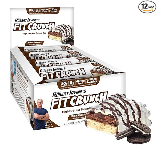 FITCRUNCH Full Size Protein Bars, 6-Layer Baked Bar, 8g of Sugar, Gluten Free & Soft Cake Core (12 Bars, Milk and Cookies)
