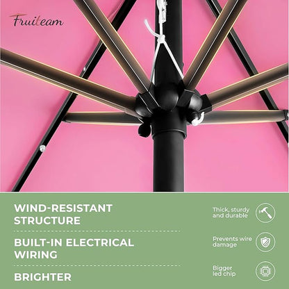 FRUITEAM Solar Lights Patio Umbrella, 7.5FT Heavy Duty Outdoor Umbrella with High-Strength Frame & LED Lights, All-Weather UV Protection Sun Shade for Poolside, Garden, Backyard (Pink)