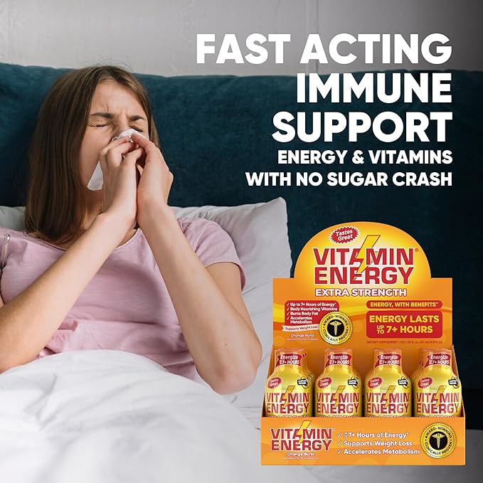 Vitamin Energy Immune+ Extra Strength Energy Shot – Orange Burst – 100% DV B-Vitamins & 260mg Caffeine – Zero Calories, Sugar-Free, Vegan, – Immunity & Energy Support – 1.93 fl oz, 4-Pack