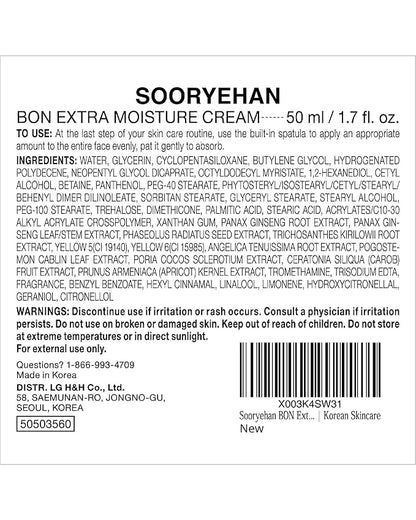 Sooryehan BON Extra Moisture Cream (1.7fl oz) - Premium Skin Moisturizer for Skin Barrier Night Repair by LG Beauty. Red Ginseng.